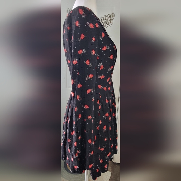 Free People Tegan Mini Dress Women's 4 Black & Red Floral Fit n Flare Long Sleev - Picture 4 of 14